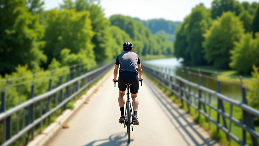 Rowerzysta na Kładce Jordana, widok z tyłu, Warta w tle, zielona roślinność